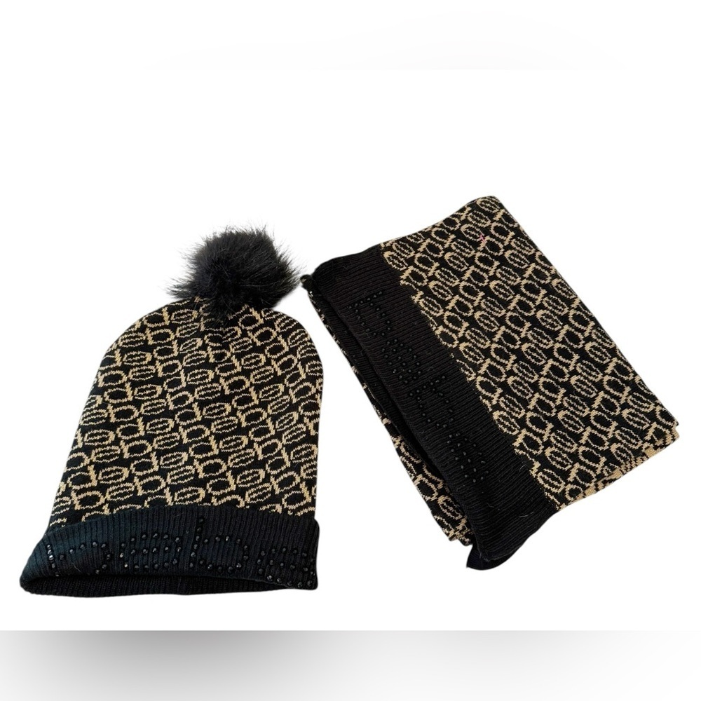 BEBE Logo Black and Gold Stocking Cap and Scarf Set Rhinestone Logo Pom Pom NWOT